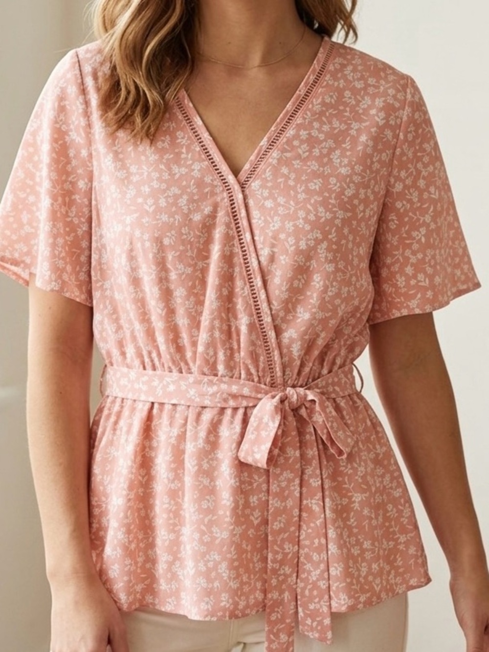 Sienna Sky Blush Pink Floral Wrap Top with Tie Waist